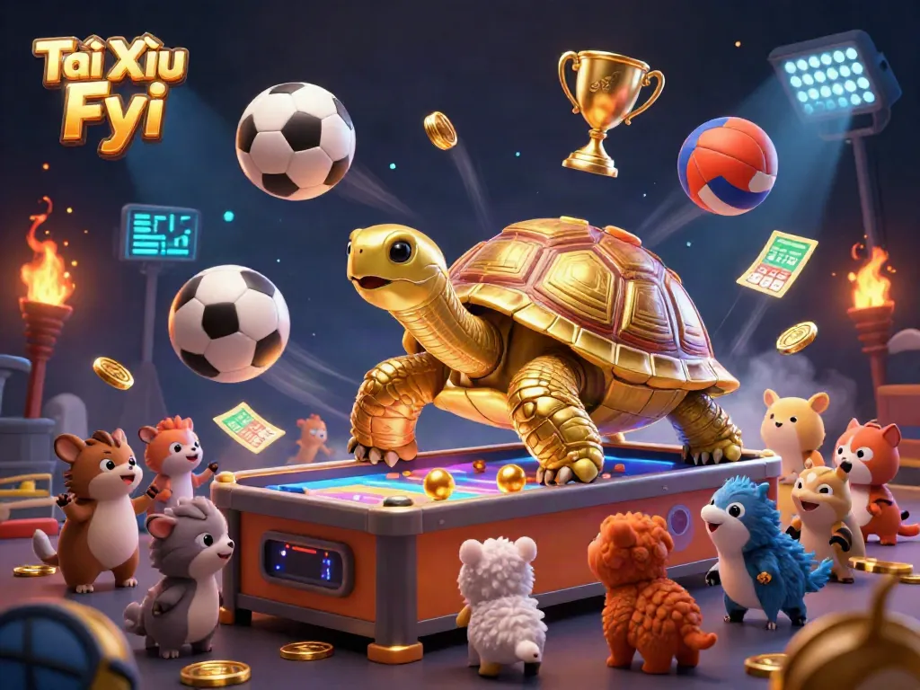 Engage in thrilling games with Tài Xỉu Fyi amid golden tortoise and sports action.