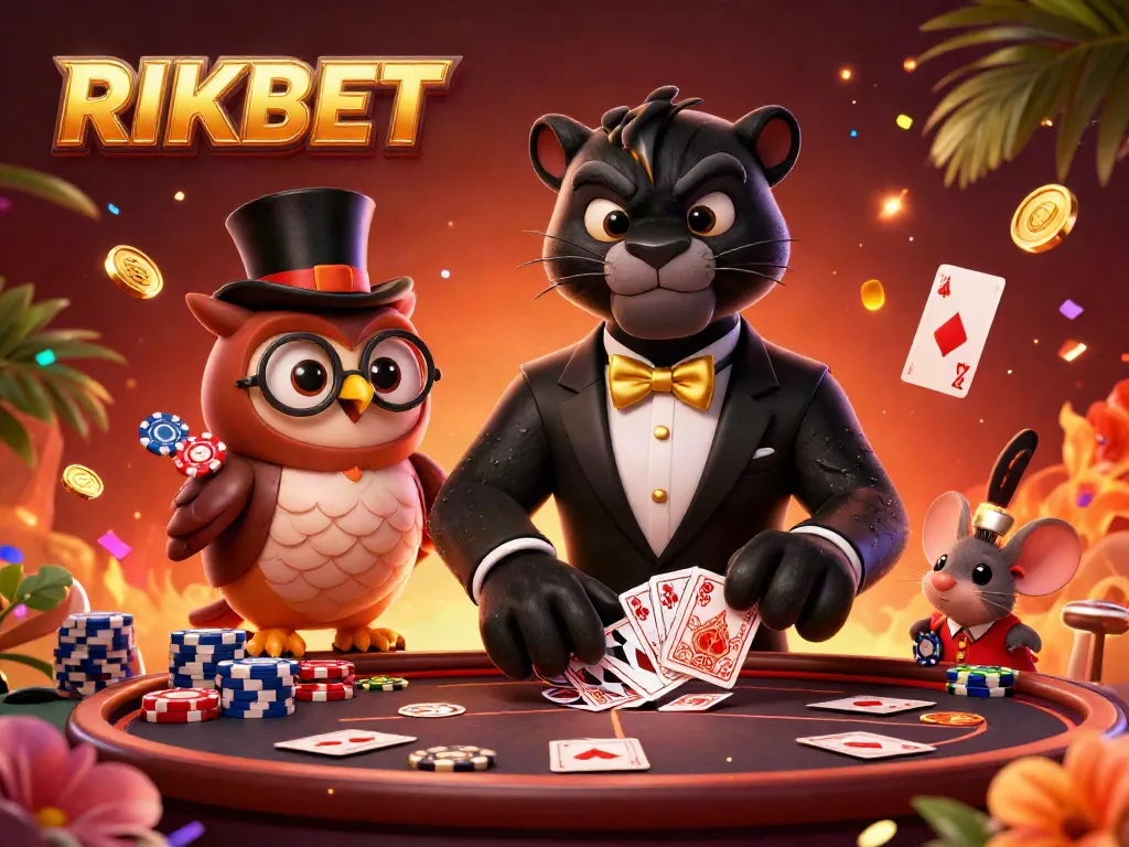 RIKBET showcases a stylish panther dealer, an owl, and a mouse amidst live casino excitement with dynamic gaming elements.