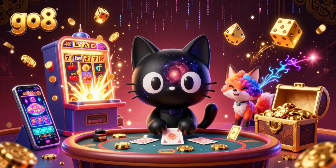 Experience go8's cosmic casino action with a black hole cat and nebula fox surrounded by jackpots.