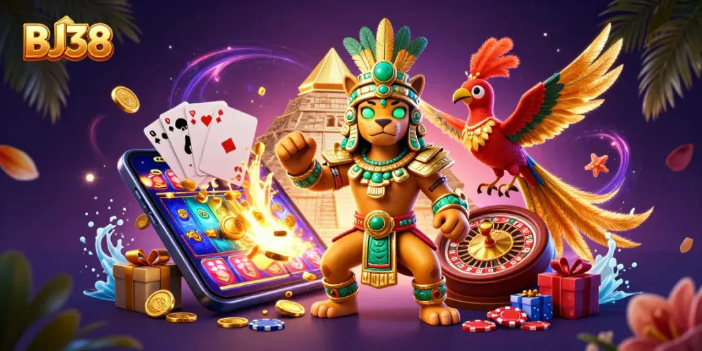 Experience thrilling wins with BJ38 as a Mayan jaguar priest and quetzal bird explore captivating casino elements.