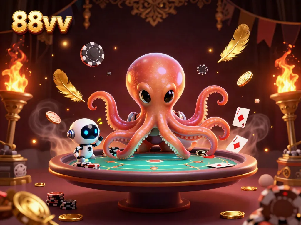 88vv showcases an exciting poker game with an alien octopus and a robot in a dynamic 3D environment.
