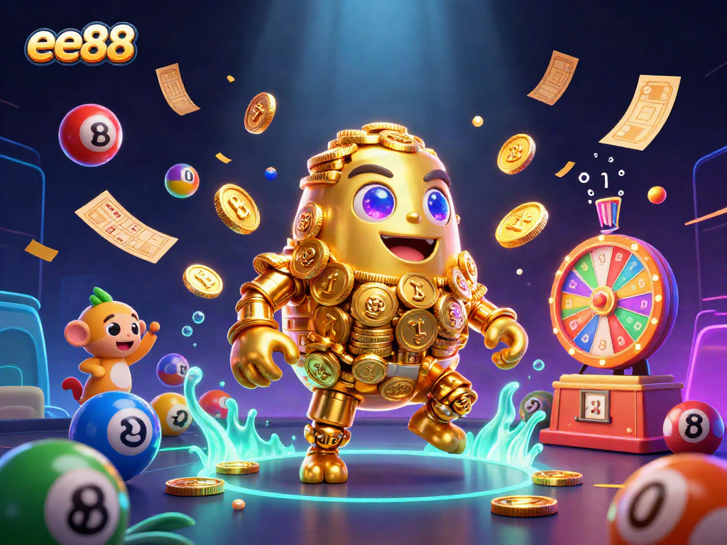 Engage with the lively ee88 casino scene featuring a golden golem and colorful game elements.