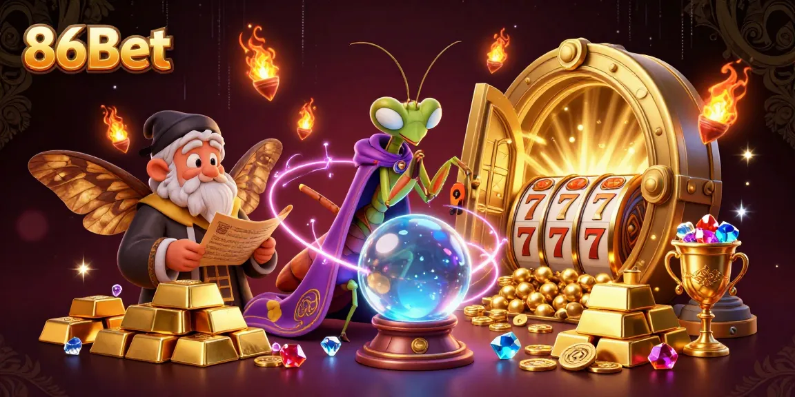 Engage with 86Bet's exciting slots through a vibrant illustration featuring enchanting characters and dynamic casino elements.