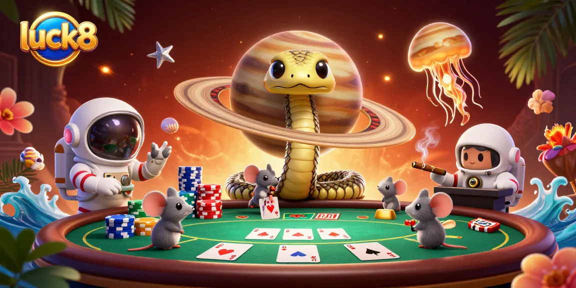 Experience thrilling action at luck8 with a vibrant casino scene featuring unique cosmic characters and gaming elements.