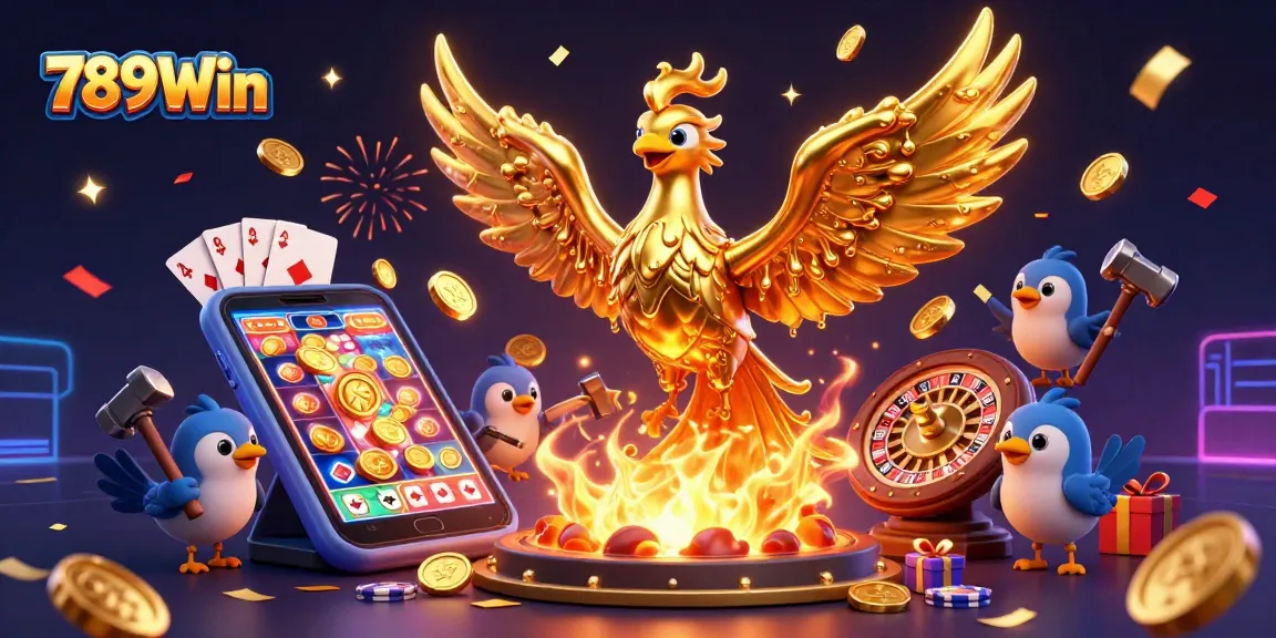 Experience the thrill of 789Win as golden coins flow from a mystical phoenix in this vibrant casino scene.