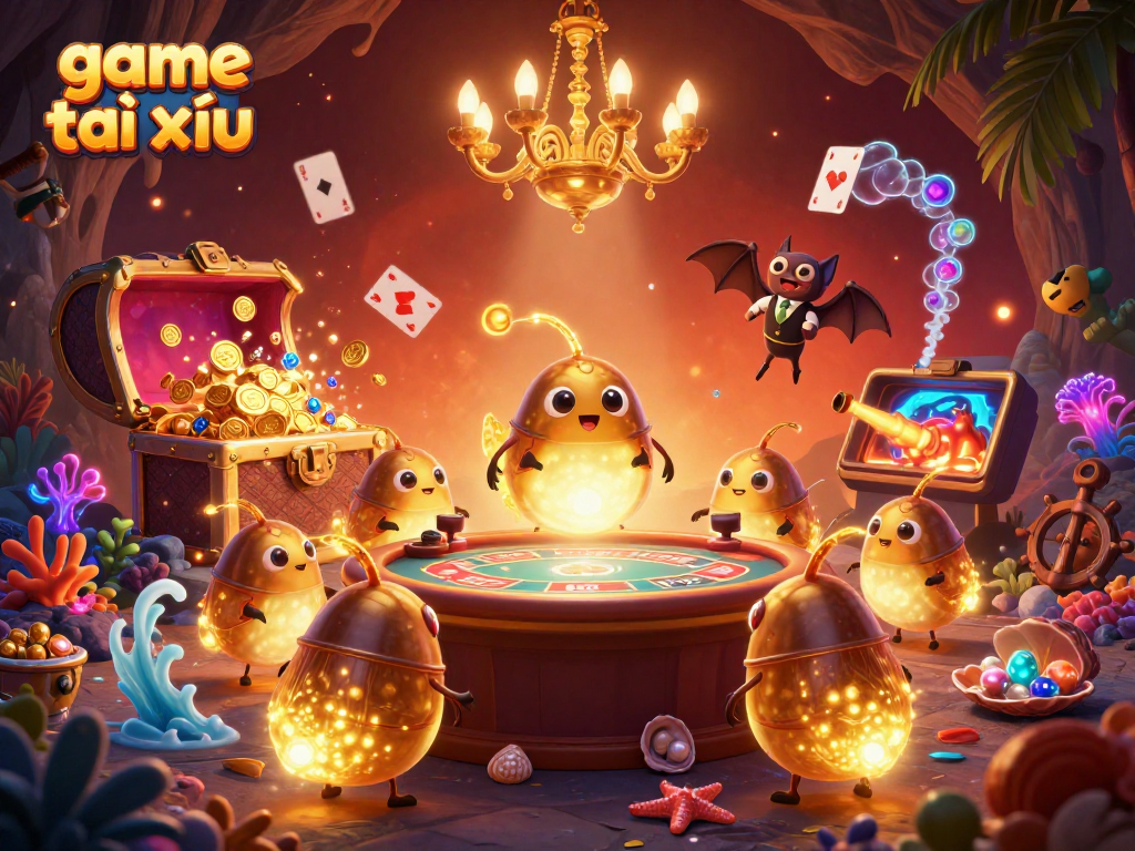 Experience the excitement of game tài xỉu in this vibrant casino scene featuring lively glowworms and a bat dealer.