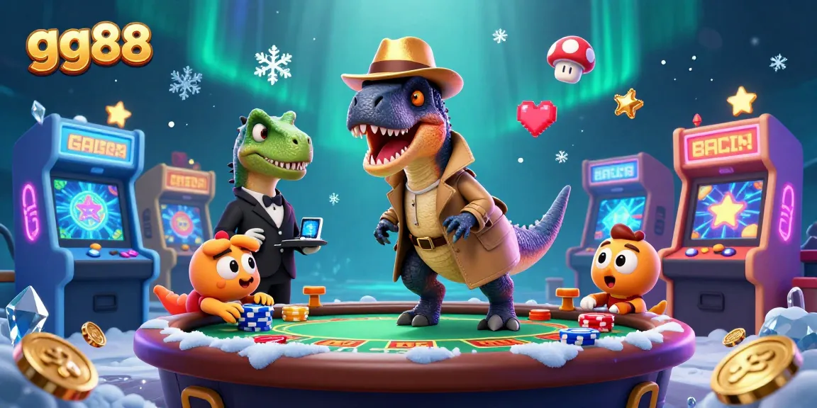 Vibrant illustration of gg88 with a velociraptor card counter at a blackjack table, against a casino backdrop.