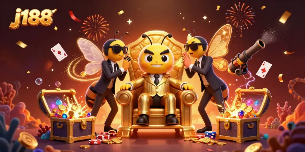 Engaging j188 casino scene with a bumblebee mob boss, treasures, and festive effects.