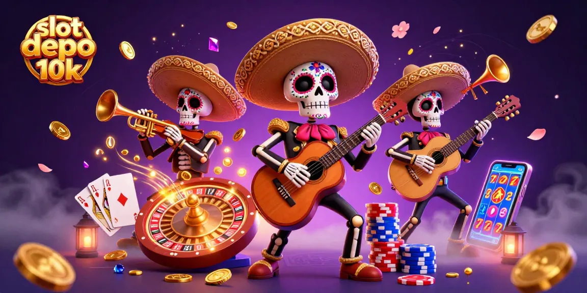 Engage with the vibrant slot depo 10k scene featuring a Day of the Dead skeleton mariachi band amid flying coins.