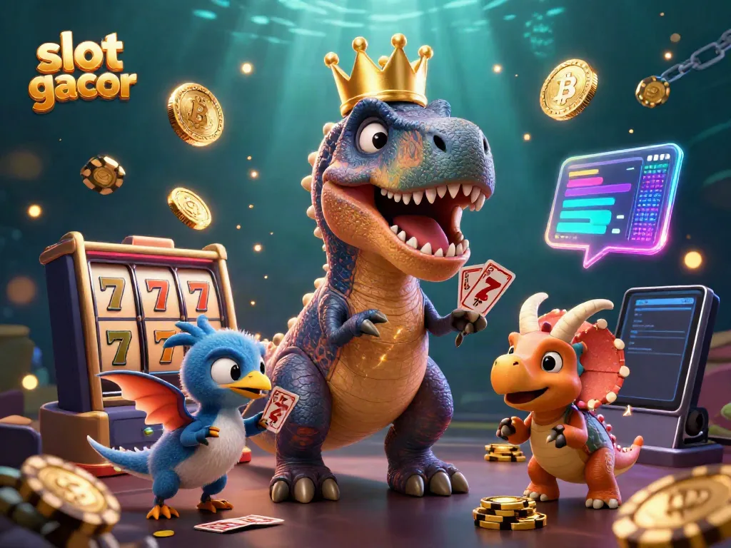 Experience slot gacor action with a playful T-Rex shuffling cards and vibrant Bitcoin coins.