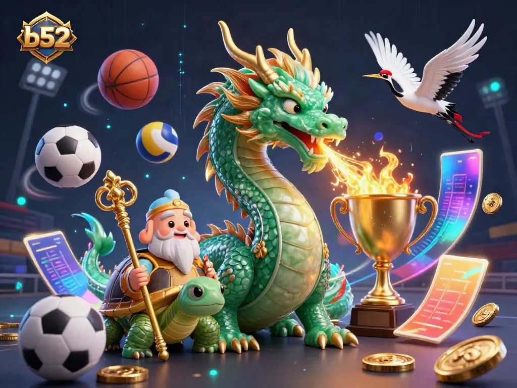 Experience the excitement of b52 gaming with a dragon, sage, and vibrant sports-themed elements.