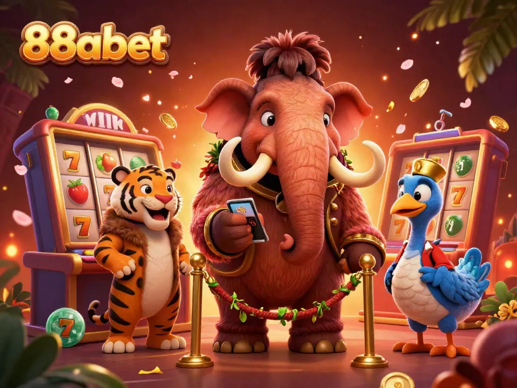 Experience high-energy gaming with 88abet at an animated casino scene showcasing vibrant characters and slot reels.