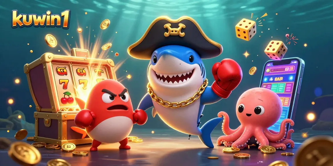 Engage with kuwin1 as the cartoon pirate shark leads a vibrant jackpot celebration in an underwater casino environment.