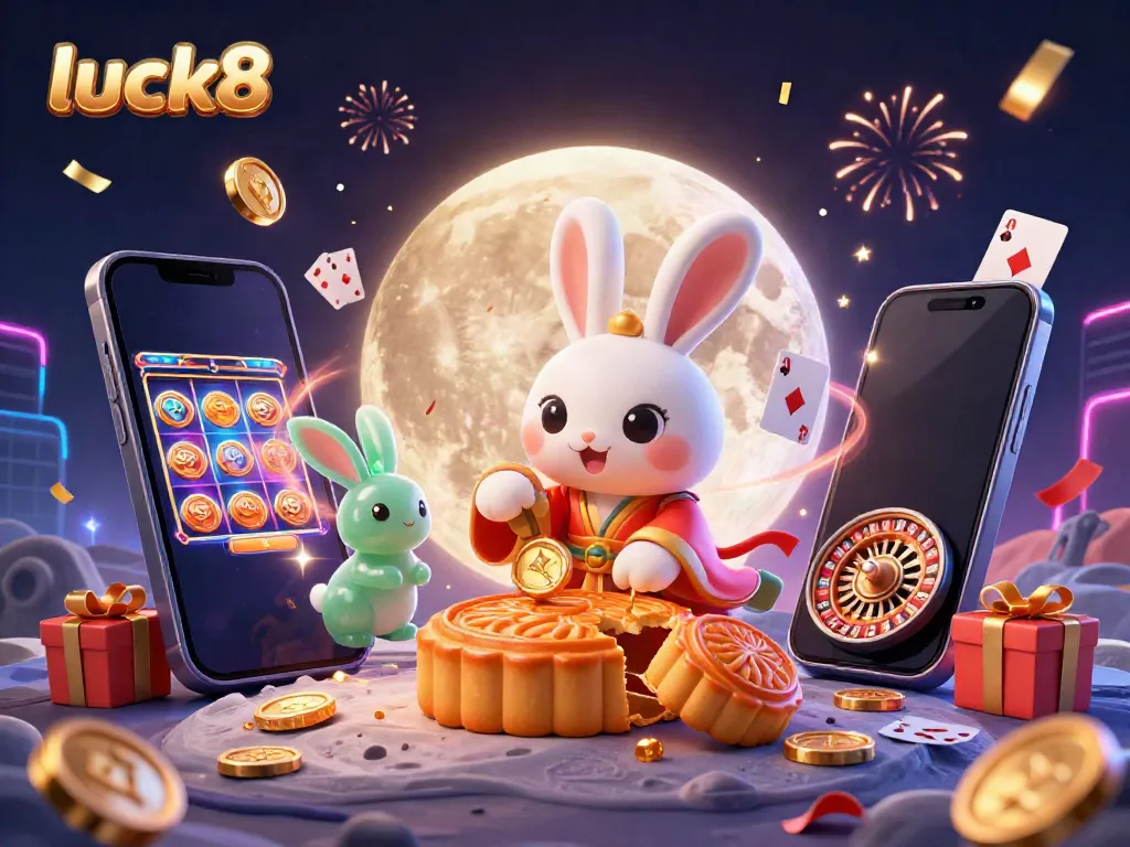 Experience luck8 in a vibrant 3D scene, featuring a moon rabbit and casino elements celebrating good fortune.