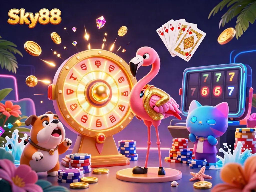 Experience the thrill of Sky88 with dynamic gameplay elements and colorful characters including casino host and contestant.