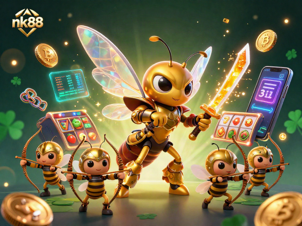 Nk88 showcases a thrilling casino scene with a golden hornet warrior, slot reels, and glowing cryptos.