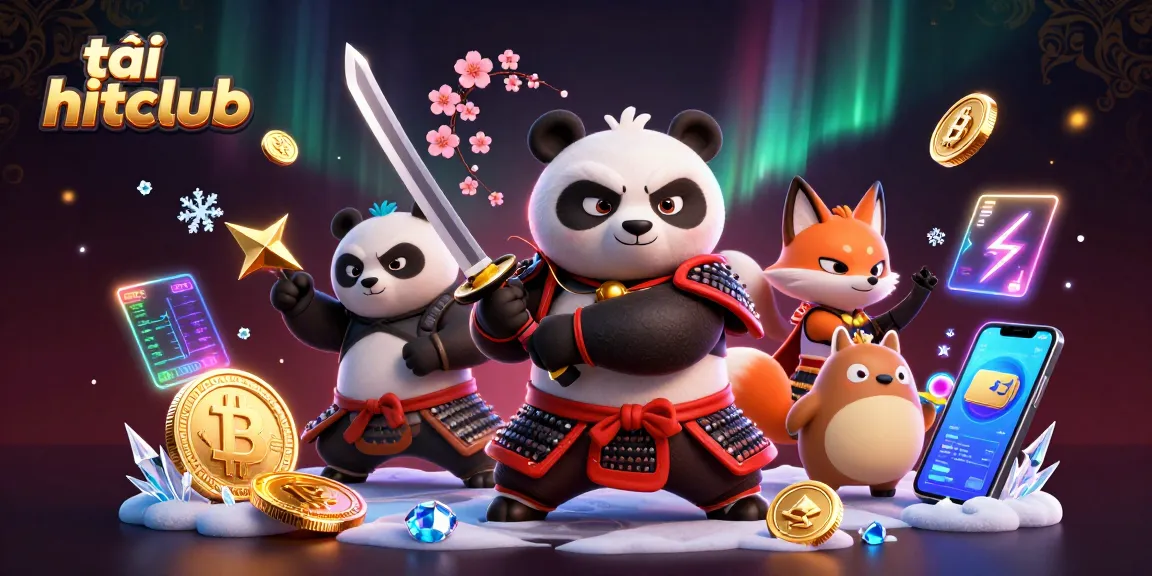 Win big with tải hitclub, featuring a samurai panda, ninja fox, and spirit tanuki in a dynamic casino scene.