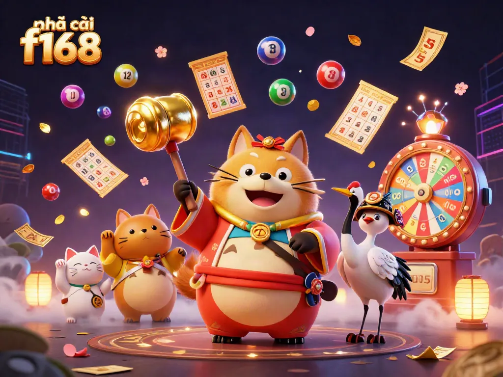 Engage with nhà cái f168 in a vibrant casino scene featuring cheerful characters and dynamic gambling elements.