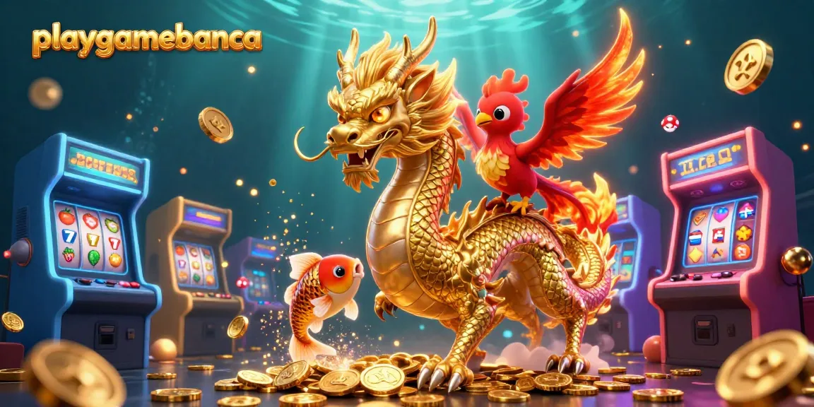 Playgamebanca showcases vibrant action with a golden dragon, red phoenix, and koi fish in a lively casino scene.