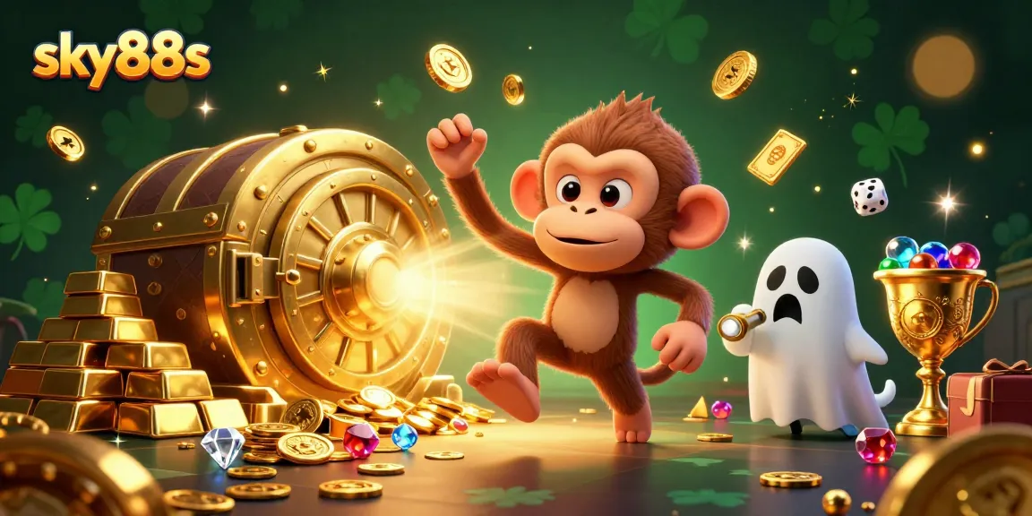 Sky88s captures a ghost-hunter puppy chasing a playful poltergeist monkey amidst dazzling casino treasures.