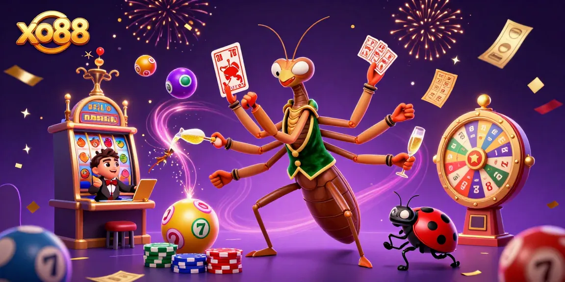 Experience the excitement at xo88 with a vibrant 3D scene featuring a card sharp and a ladybug pit boss.