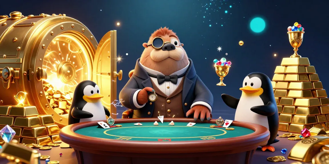 Experience thrilling poker action at gk88 with a walrus, penguin dealer, and pufferfish player in a vibrant underwater scene.