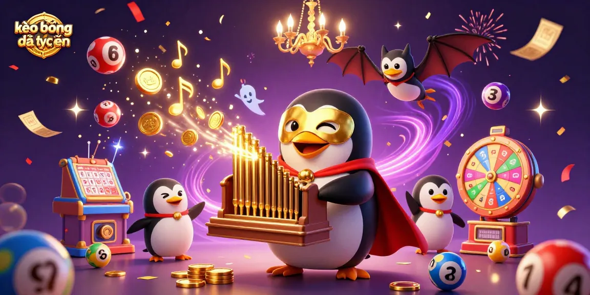 Experience thrilling kèo bóng đá trực tuyến through this vibrant 3D illustration of a penguin organist amidst a dynamic gaming spectacle.