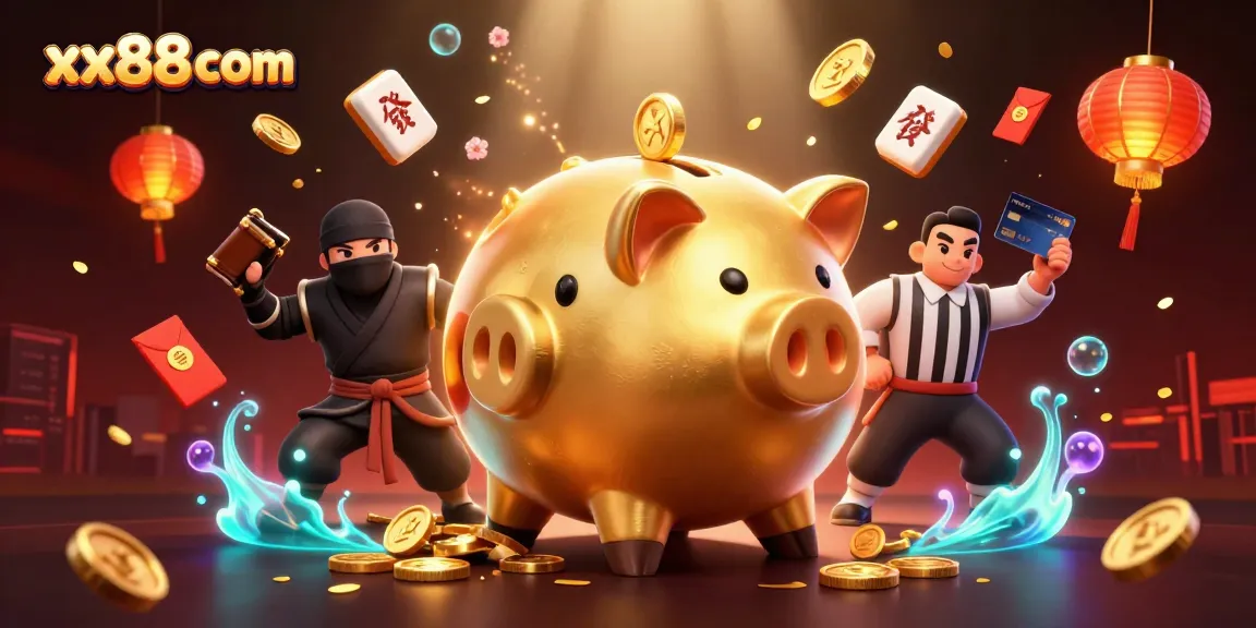 Experience exciting wins at xx88 com with vibrant casino-themed 3D characters and elements.