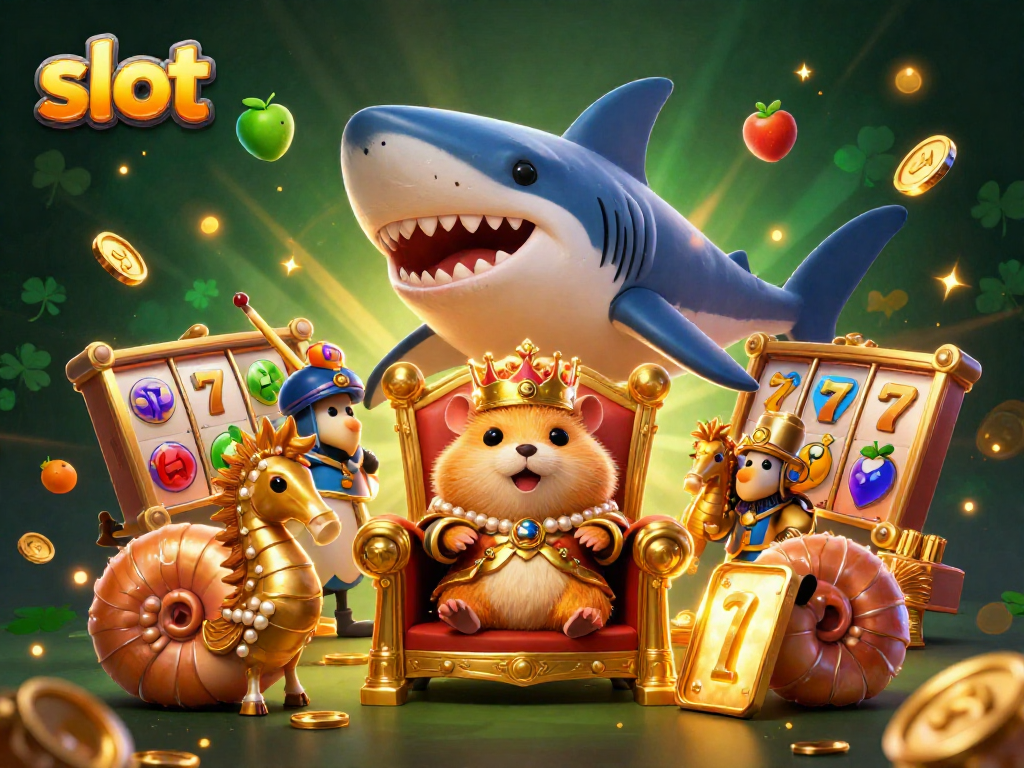 Spin slots with luck under the golden throne of a hamster king surrounded by vibrant game elements.