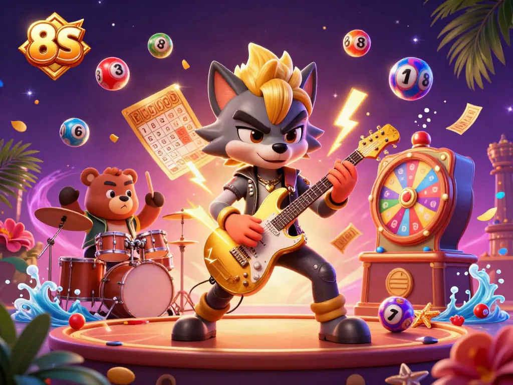 Engage in the electrifying world of 8S with a rock star wolf and lively casino elements.
