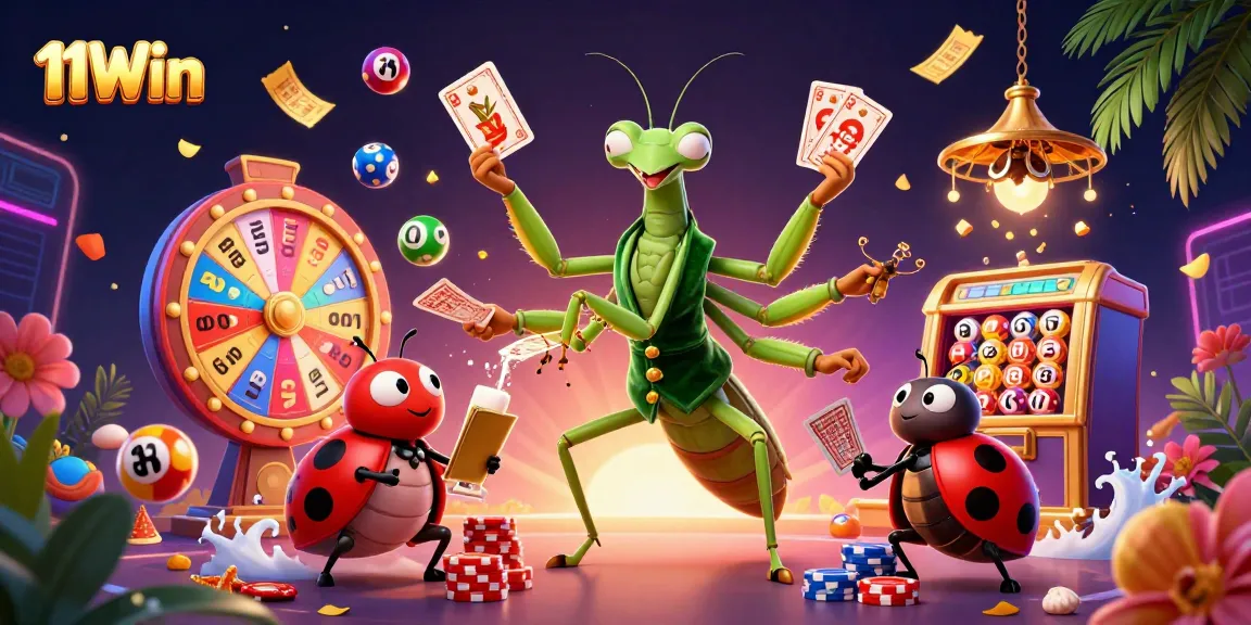 Join the excitement at 11Win with vibrant games and dynamic casino elements in this rich 3D illustration.