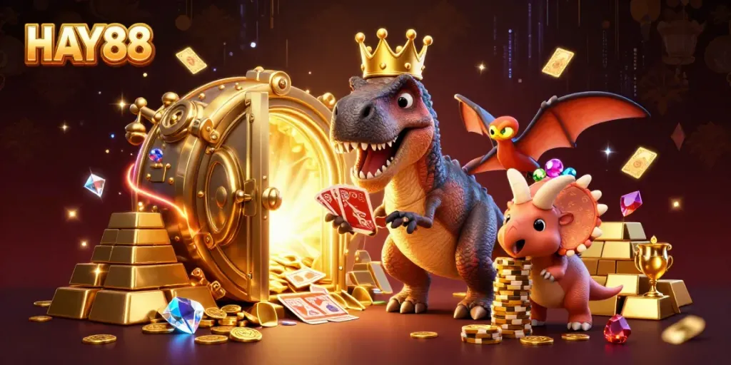 Join the fun at HAY88 with a vibrant 3D gaming scene featuring dinosaurs and sparkling jackpots.