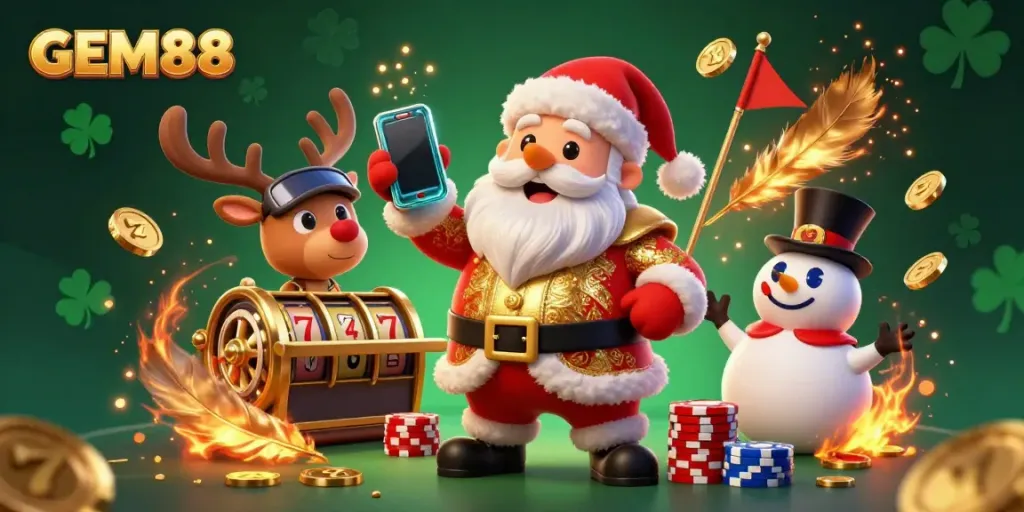 Experience the excitement of GEM88 with Santa and friends in a vibrant 3D casino scene featuring jackpot slots and dynamic elements.