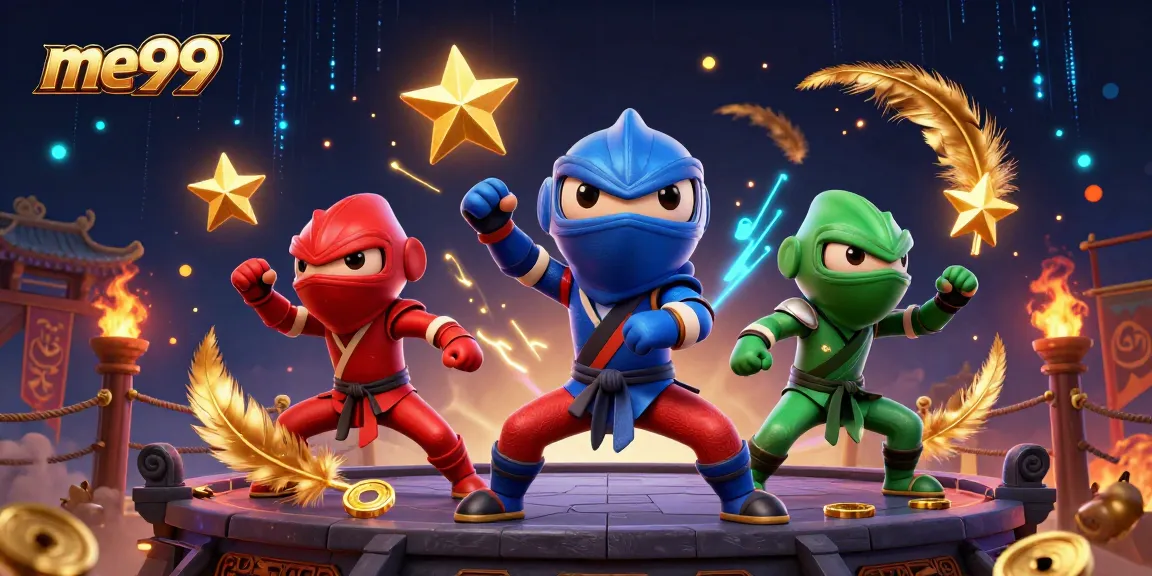 me99 showcases a 3D ninja chameleon team in action, perfect for online casino promotions.