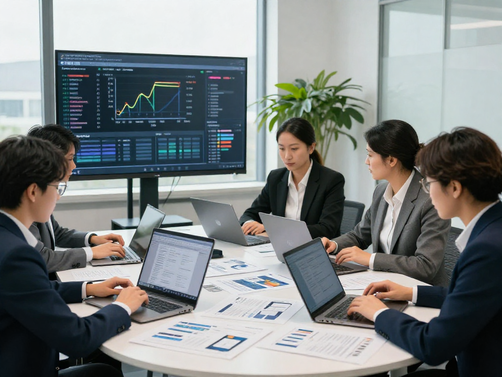 Collaborative team engaging in document fraud detection analysis, using advanced technology and data visualizations.