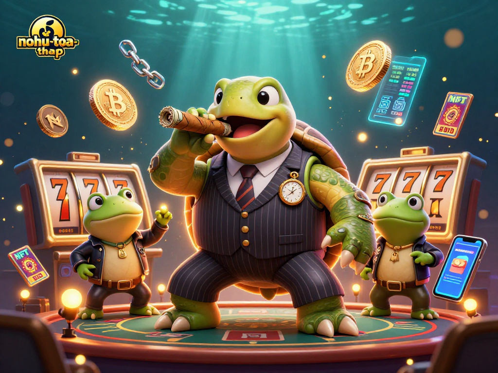Nohu-toa-thap showcases a vibrant 3D scene with a giant snapping turtle and bullfrog enforcers on a dynamic casino floor.