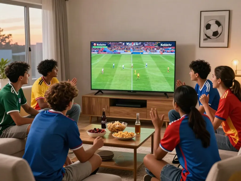 Fans enjoying a live soccer match on Xoilactv in a lively living room.