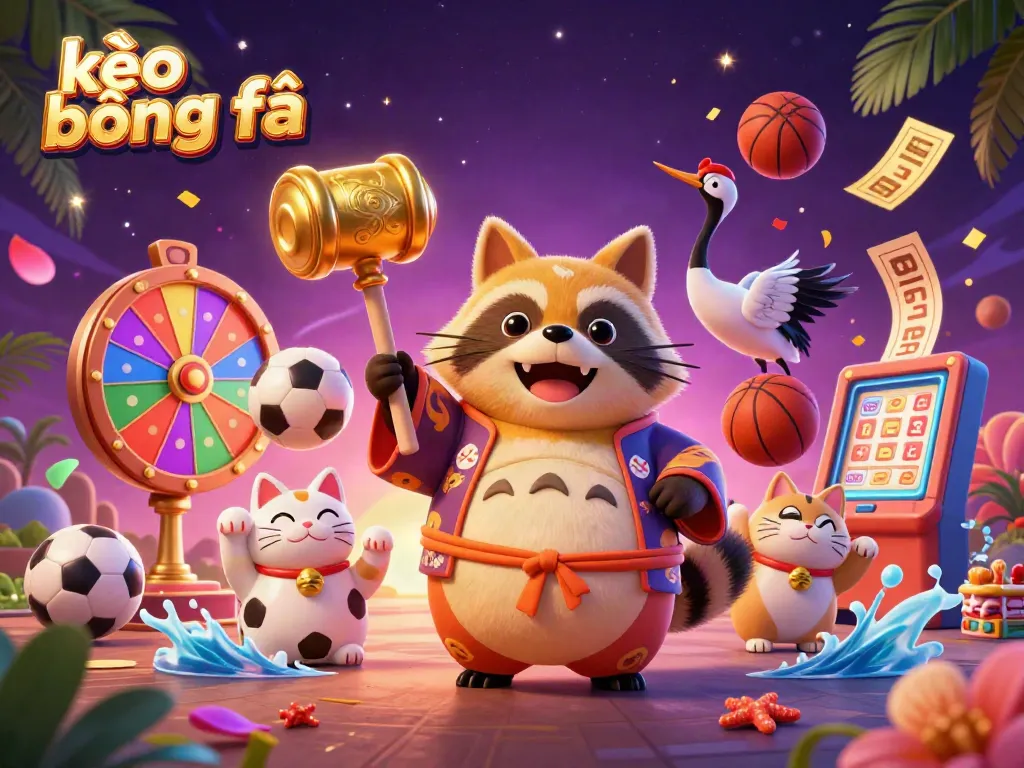 Engage in exciting kèo bóng đá action with a joyful tanuki and a vibrant scene of sports betting.