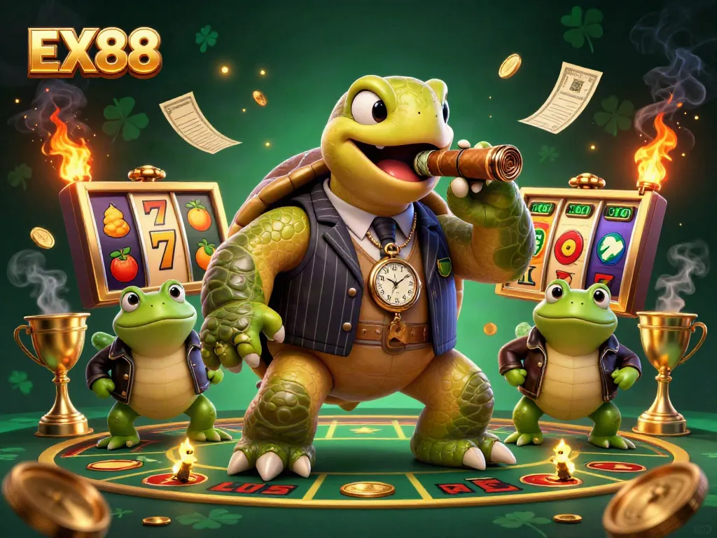 Experience the vibrant casino atmosphere of EX88 with animated characters, slot reels, and captivating elements.