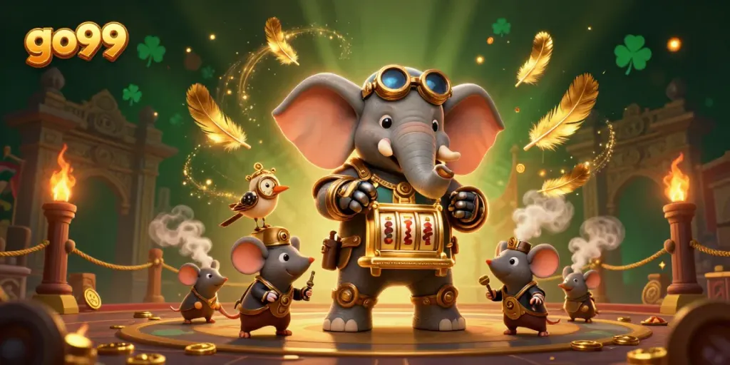 Experience the thrilling action at go99 casino with a steampunk elephant at the slot machine, surrounded by vibrant elements.
