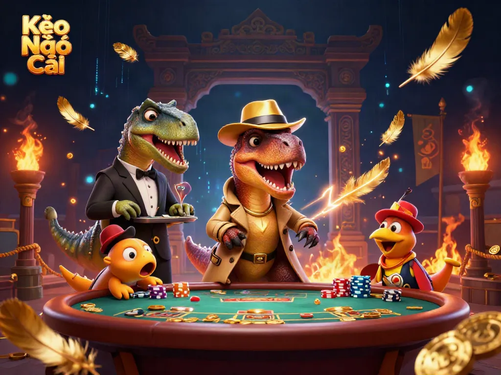 Engaging Kèo Nhà Cái illustration featuring a velociraptor card counter and stegosaurus pit boss amidst dynamic casino elements.