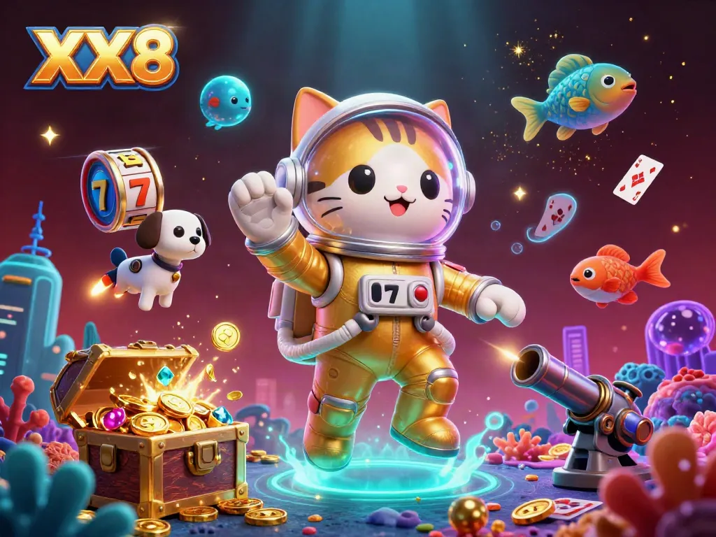 Engage in thrilling adventures with XX8 as a cat astronaut and robot dog immerse in a vibrant gambling galaxy.
