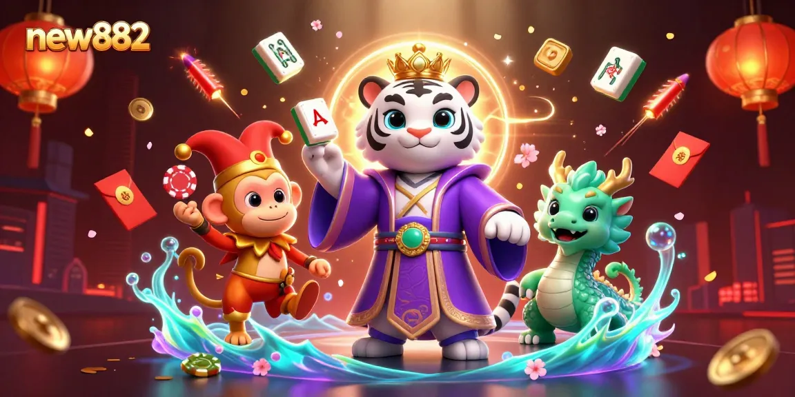 Engage with new882 casino excitement, featuring a majestic white tiger and vibrant game elements.