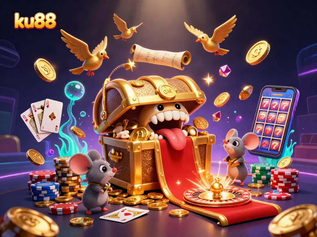 ku88 engages players with cartoon treasure chest and vibrant casino elements for online gaming thrills.