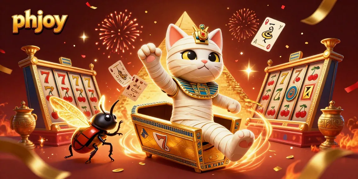 Experience slot gaming excitement with phjoy's Egyptian mummy cat and dazzling casino elements.