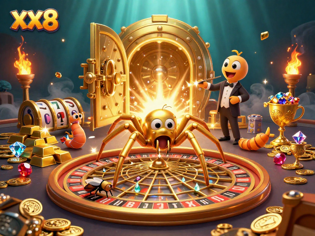 Bet on XX8 with a golden spider spinning a roulette web in a vibrant casino scene.