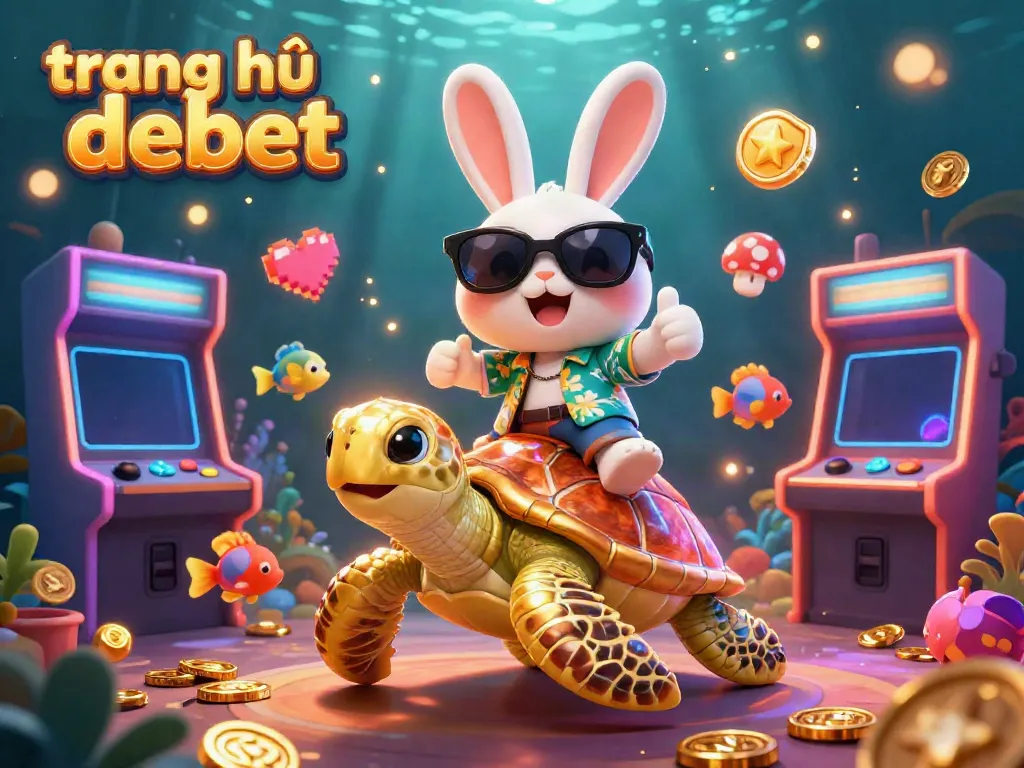 Engage with the vibrant and inviting scene of the trang chủ debet, featuring a lucky rabbit and a golden turtle amidst colorful casino game elements.