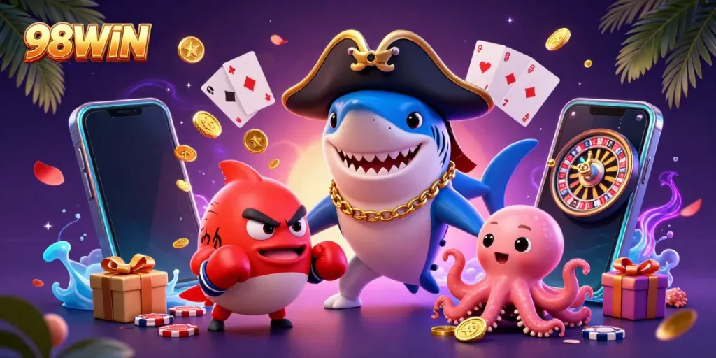 Play exciting casino games with the vibrant 98WIN characters and elements amidst a colorful scene.