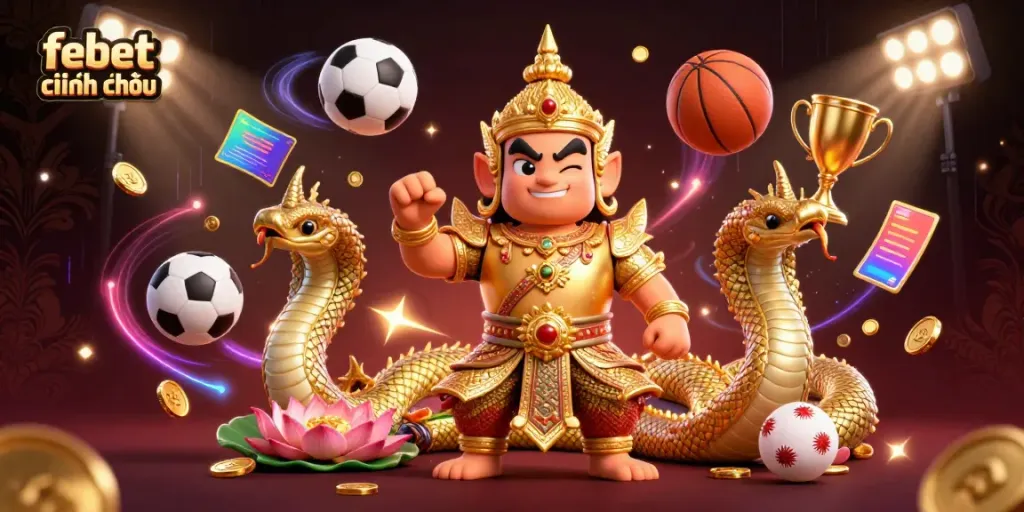 Experience the thrilling action of febet chính chủ with vibrant gaming and sports elements illustrated in a dynamic scene.