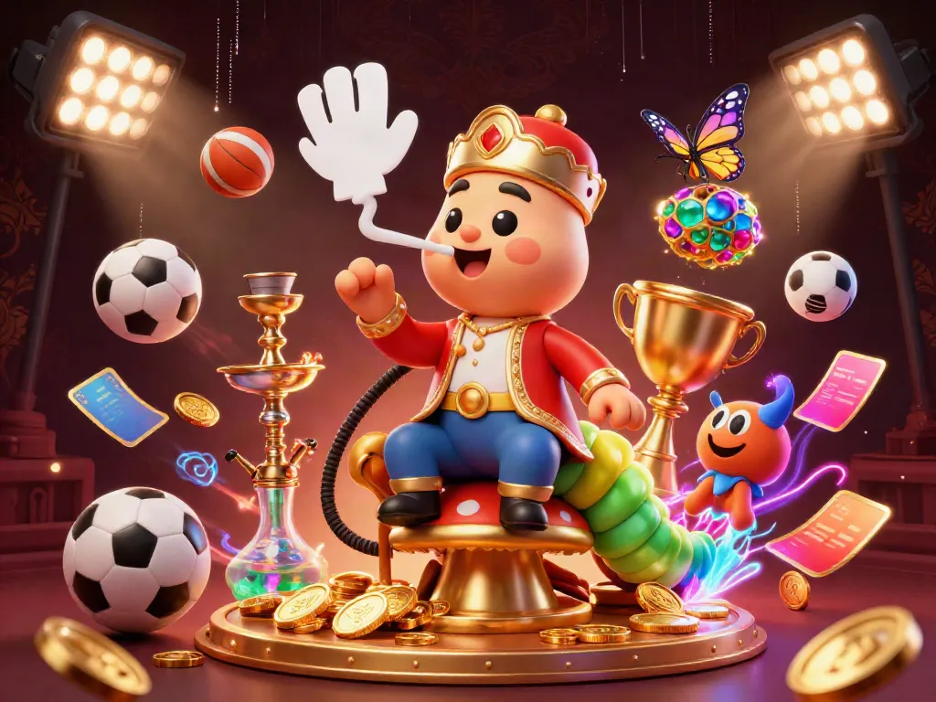 Bet on thrilling games at red 88 with a vibrant 3D illustrated scene of a caterpillar hookah-master and sports elements.